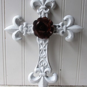 Cast iron cross shabby white rusty tin rose wall hanging 10 1/2 inch metal cross Christian Romantic Rustic Farmhouse decor MR1 image 4