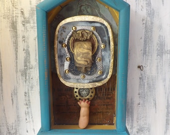 Clock case Assemblage , Mixed media art ,  found item shrine icon , Blue saint angel sacred heart