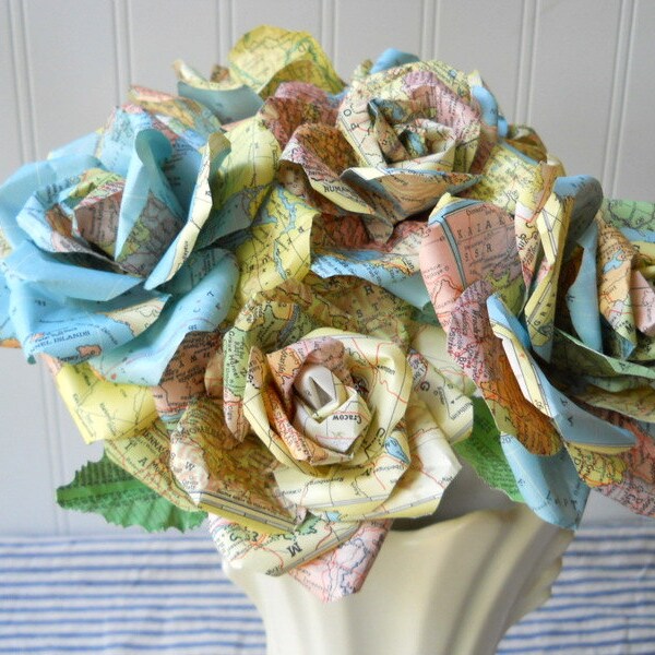 6 Vintage Map paper roses with leaves for vase or bouquet making Wedding supply Cottage Decor N1