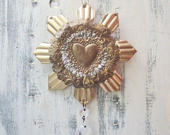 Ex voto style metal heart ornament  with crystal prism, Upcycled rustic tart tin Religious French Christmas medallion N4