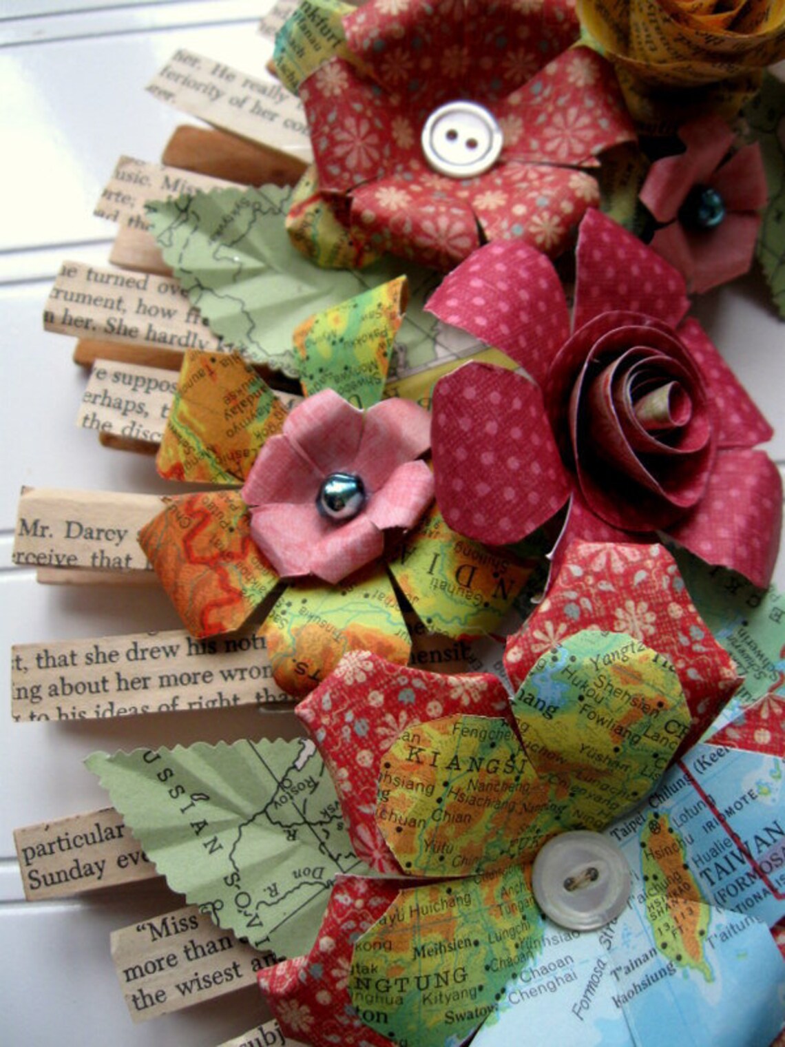 Clothespin Floral Wreath handmade paper flowers Jane Austen Etsy