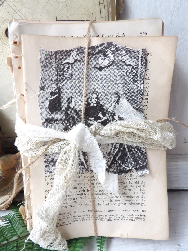 Unbound book stack , Decorative upcycled vintage antique books with lace, White decor N1 image 10