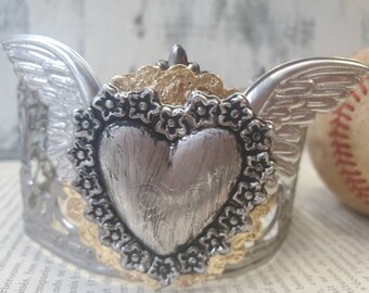 Handmade metal crown , Statue santos doll tiara , Ex Voto Decor winged silver heart pillar candle crown cake topper C1