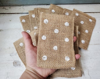 10  4x6 inch burlap bags , open top polka dot sacks + 2 freebies non matching