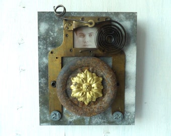 Metal and wood Mixed media Found Assemblage art wall hanging ,Found item art icon Time machine