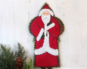 Handmade wooden Red Santa ornament ,  Old Workd Belsnickel Father Christmas , Rustic Primitive folk art 9" N3