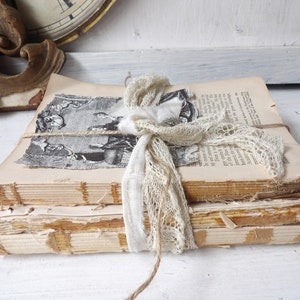 Unbound book stack , Decorative upcycled vintage antique books with lace, White decor N1 image 6