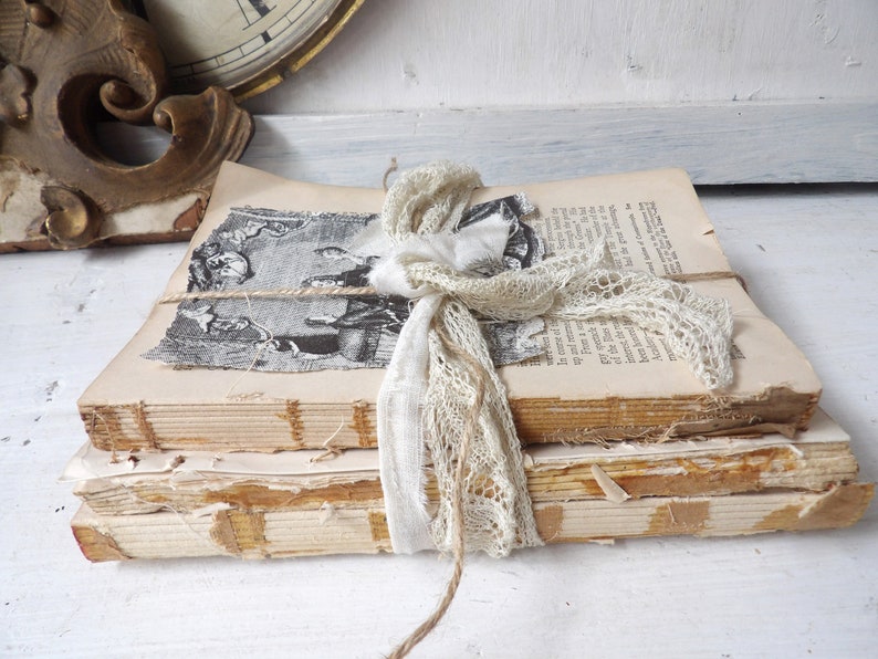 Unbound book stack , Decorative upcycled vintage antique books with lace, White decor N1 image 6