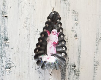 Victorian Snow Angel tart tin ornament , upcycled rustic Christmas ornament , pink white  Romantic Holiday