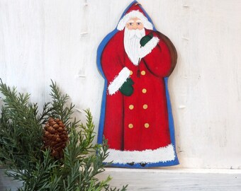 Handmade wooden red Santa ornament , Belsnickel Pere Noel  Father Christmas wooden folk art,  Rustic Old World  7.5" N7