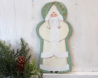 Handmade wooden Santa ornament , Cream Belsnickel Father Christmas , Rustic Primitive folk art 7.5" N1