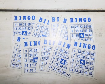 Vintage Bingo cards , 10 mixed assortment, retro party supply,  blue and white game cards B3