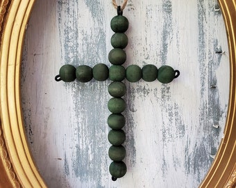 7 " Green dyed Wood bead cross ornament , Rustic  wooden cross  farmhouse religious décor