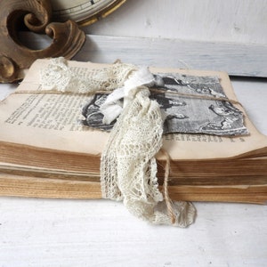 Unbound book stack , Decorative upcycled vintage antique books with lace, White decor N1 image 8