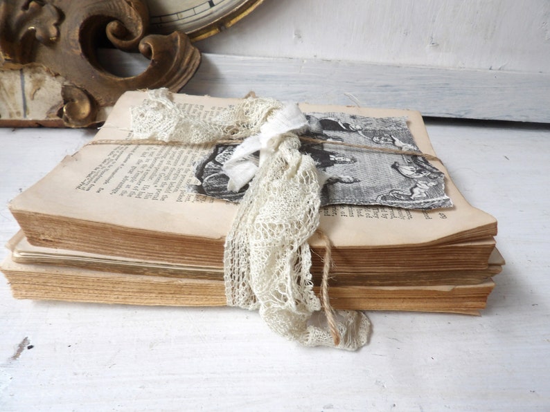 Unbound book stack , Decorative upcycled vintage antique books with lace, White decor N1 image 8