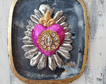 Mixed media Assemblage metal art wall hanging , Ex Voto inspired heart  Bright Magenta