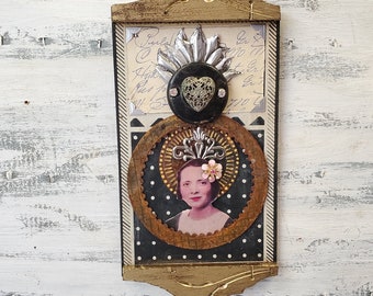 Found object Mixed Media Assemblage art , folk art icon, vintage woman image wall hanging
