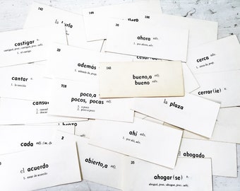 30 vintage Spanish flash cards, Spanish to English vocabulary card , Vis-Ed, mixed media collage, junk journal paper ephemera