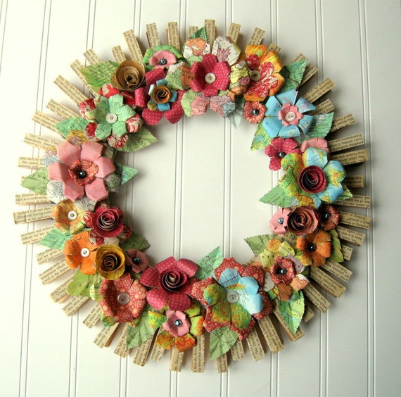 Clothespin Floral Wreath handmade paper flowers Jane Austen Etsy