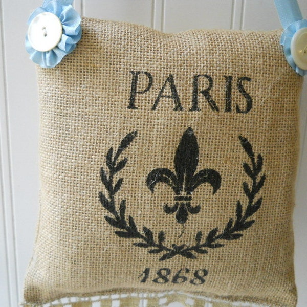 Burlap small hanging pillow Paris Vintage lace trim pearl buttons pale blue French Cottage Chic