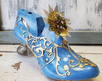 Altered shoe last cobblers last , blue gold court shoe , mixed media art shoe form mold  , Marie Antionette