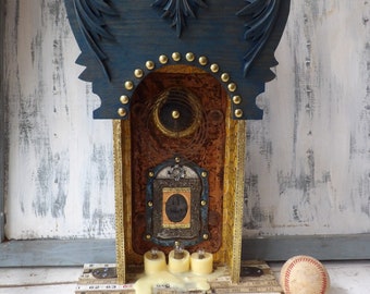 Clock case Assemblage Mixed media art found item shrine icon Blue Lady