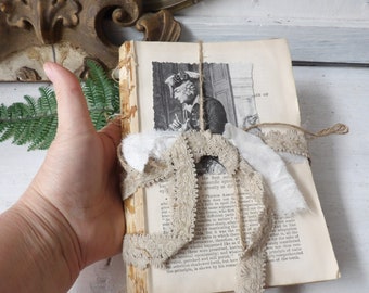 Unbound book bundle stack, Decorative upcycled vintage antique books with lace, Neutral rustic decor N4