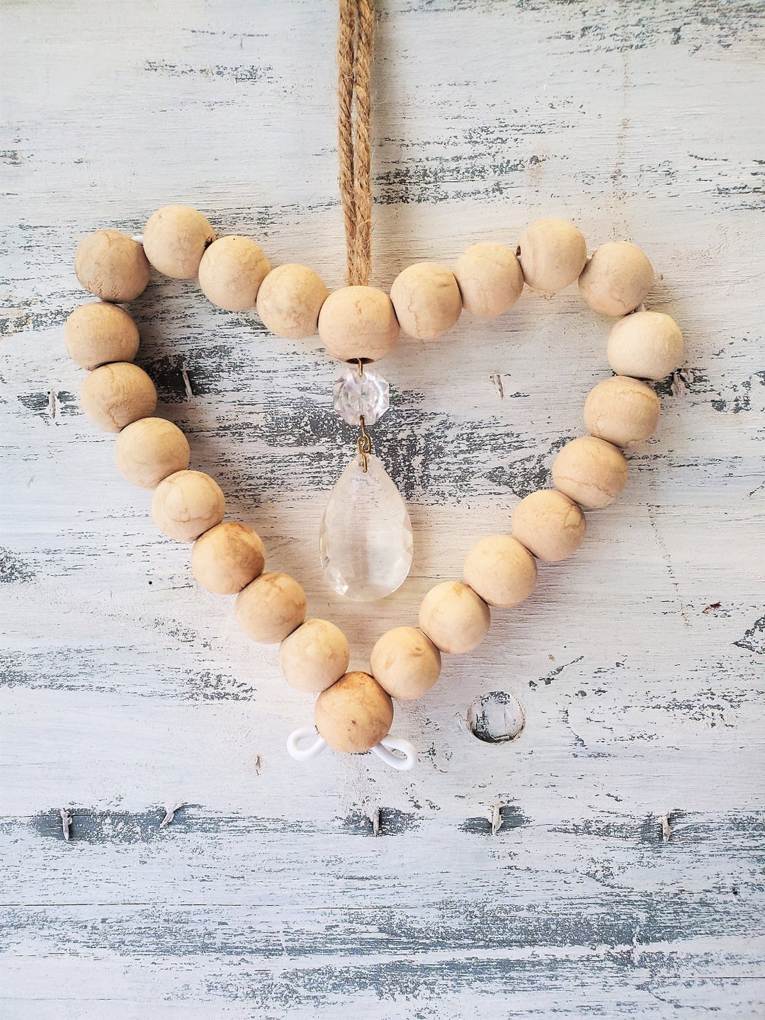 ONE Wooden Bead Heart Ornament With Vintage Crystal Chandelier Prism Center , Wood Beaded Heart