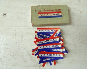 34 vintage Dennison AirMail labels gummed stickers No.337 red white blue with box