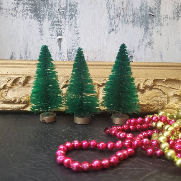 3  3 inch green bottle brush trees ,  sisal Christmas tree, vintage style Farmhouse Holiday decor PG3