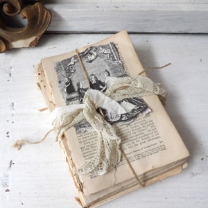 Unbound book stack , Decorative upcycled vintage antique books with lace, White decor N1 image 3