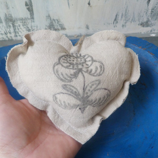 Rustic Vintage grainsack heart , antique floral crock graphics, stuffed feed sack fabric mini pillow heart ornament  Farmhouse Primitive N6