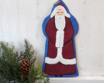 Dark red Father Christmas Santa ornament , Wood Belsnickel Pere Noel  Handmade wooden folk art,  Rustic Old World  7.5" N11