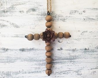 ONE Gray Wood bead cross ornament with rusty floral center , grey wooden beaded cross