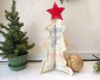 Upcycled 10 inch fabric Christmas tree, stuffed vintage sugar sack , rustic farmhouse winter Holiday decor N1