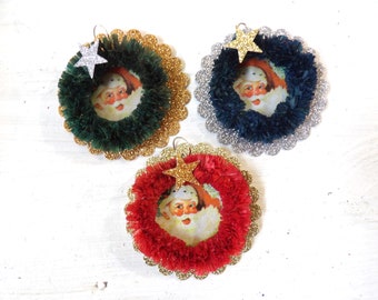 3 Retro Santa Christmas Ornaments , Glittery  Mid Century style tree , 1940s  paper garland detail red, navy, greens