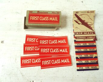 63 vintage Dennison Air Mail and First Class labels gummed stickers red white blue