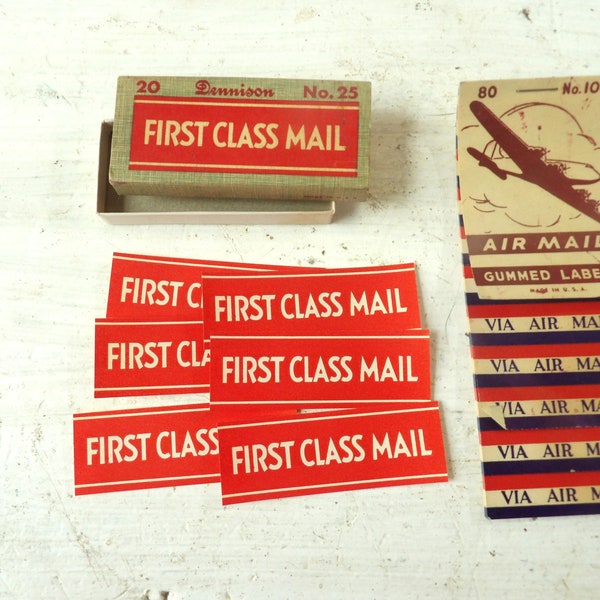 63 vintage Dennison Air Mail and First Class labels gummed stickers red white blue