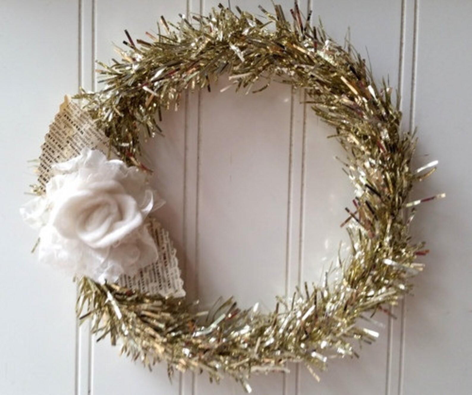 Silver tinsel wreath 6 inch upcycled white felt rose flower Etsy