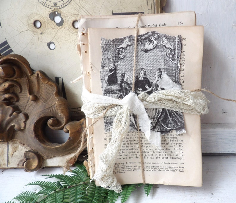 Unbound book stack , Decorative upcycled vintage antique books with lace, White decor N1 image 1