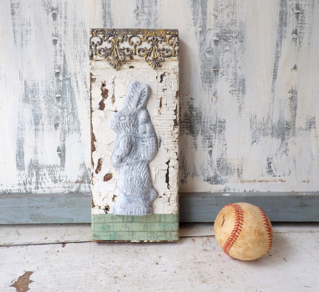 Elegant Shabby Rabbit Mixed Media Assemblage Art Wall Hanging