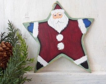 Burgundy Star Santa Christmas ornament , Belsnickel Pere Noel  Handmade wooden folk art,  Rustic Primitive  5.5" N9