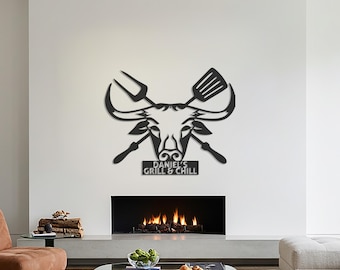 Personalized Grill & Chill Bull Metal Sign, BBQ Decor