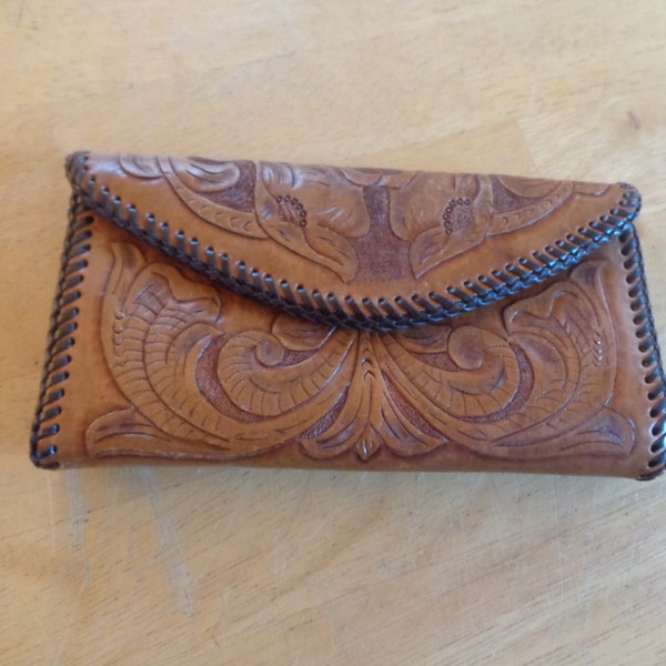 Vintage Brown Genuine Tooled Woven Leather Trifold Organizing Checkbook Wallet with Snap Closure