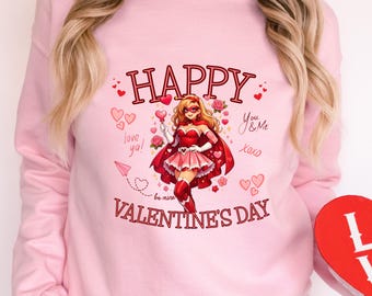 Camiseta de superhéroe para San Valentín, linda camiseta de chica heroína, regalo romántico para ella, sudadera estilo cómic, moda de San Valentín con poder femenino