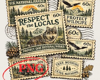May include: A collage of vintage-style postage stamps with nature themes. Stamps feature images of a wolf, eagles, mountains, and trees. Text includes "U.S. National Parks", "Respect the Locals", "Protect Wildlife", and "Take Nothing Leave Nothing".