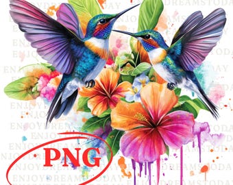 Hummingbird PNG, Watercolor Floral Hummingbird Design, Bird Lover Sublimation PNG, Nature Gift Digital Download, Colorful Bird PNG