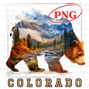May include: A brown bear illustration with a mountain and river landscape overlay. The word "COLORADO" is displayed in a gold and black font at the bottom. The word "PNG" is in a red oval at the top.
