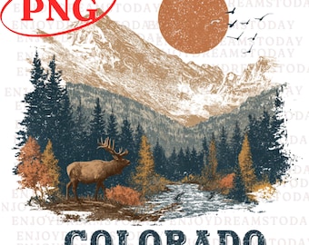May include: A digital graphic featuring a mountain landscape with a brown elk, trees, a river, and a setting sun. The word "COLORADO" is printed at the bottom. The image also includes the text "PNG".