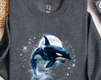 Camiseta vintage de orca, camiseta retro de orca y luna, regalo para amantes de las orcas, camiseta con estampado oceánico de los 90, camiseta de vida marina Y2K, regalo de vida marina para mujer